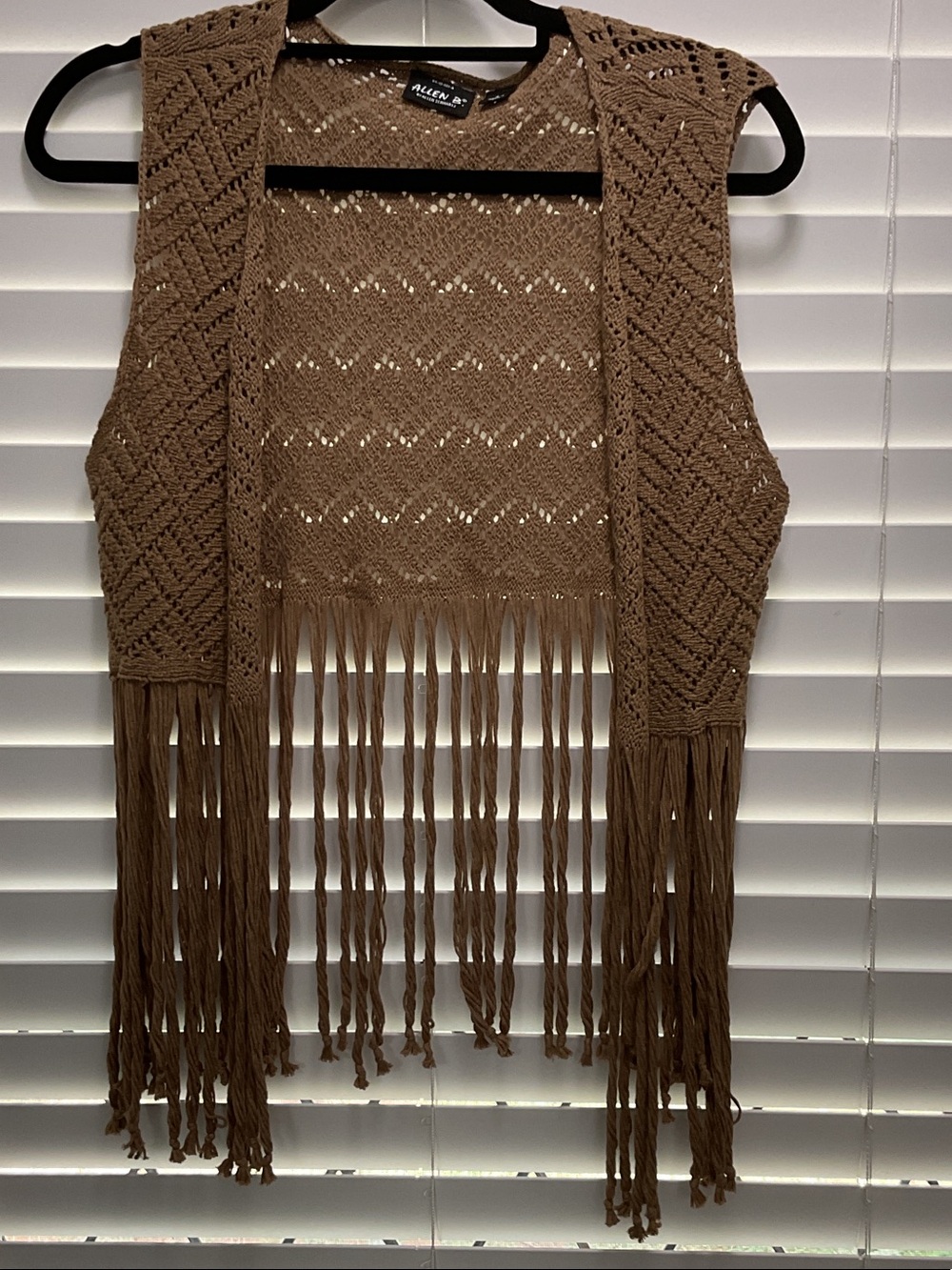 Allen B. Cotton blend Crochet Fringe Open-Front Vest in Brown